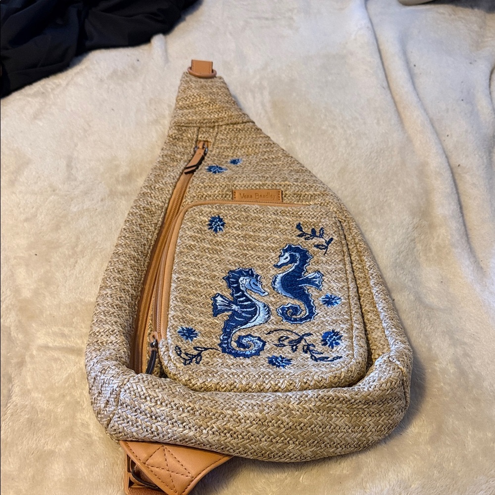 Vera Bradley Beige Woven Crossbody Sling Bag with Blue Seahorse Embroidery